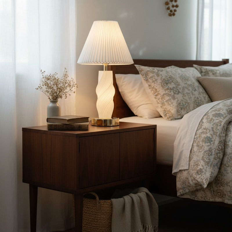 Lampe de table à DEL imprimée en 3D avec base lumineuse, lampe de bureau moderne à abat-jour en tissu plissé, lampe de chevet rechargeable USB pour chambre à coucher, salon, entrée