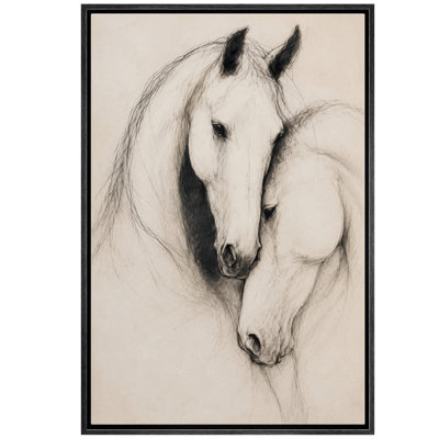 Two Horses Neutral Framed Canvas Master Bedroom Wall Art Work Print