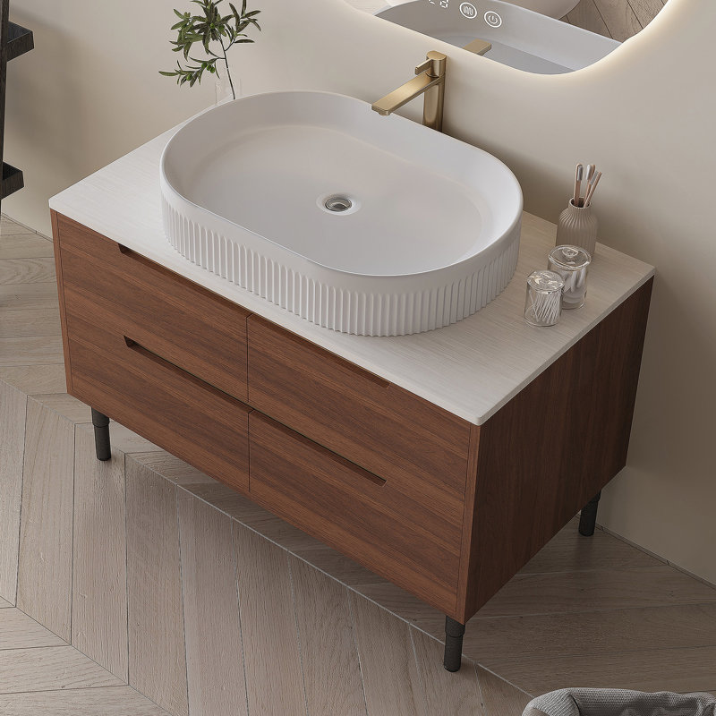 Meuble-lavabo avec lavabo intégré en céramique, tiroirs à fermeture en douceur, Noyer
