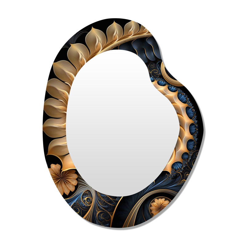 Fractal Flower In Retro Gold And Dark Teal IV - Fractals Asymmetrical Mirror, Gold Unique Shape Decorative Wall Mirror, Printed Metal Art