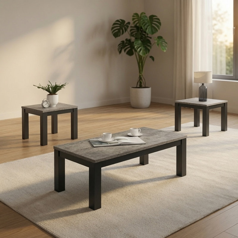 Ensemble de 3 tables basses et 2 tables de bout, plateau en béton gris, pieds en bois noir