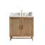 Meuble-lavabo sur pied de 91 cm (36 po) avec lavabo simple, structure en bois massif, comptoir blanc composite, armoire assemblée en usine, dosseret de comptoir, vasque carrée et quincaillerie à fermeture amortie.