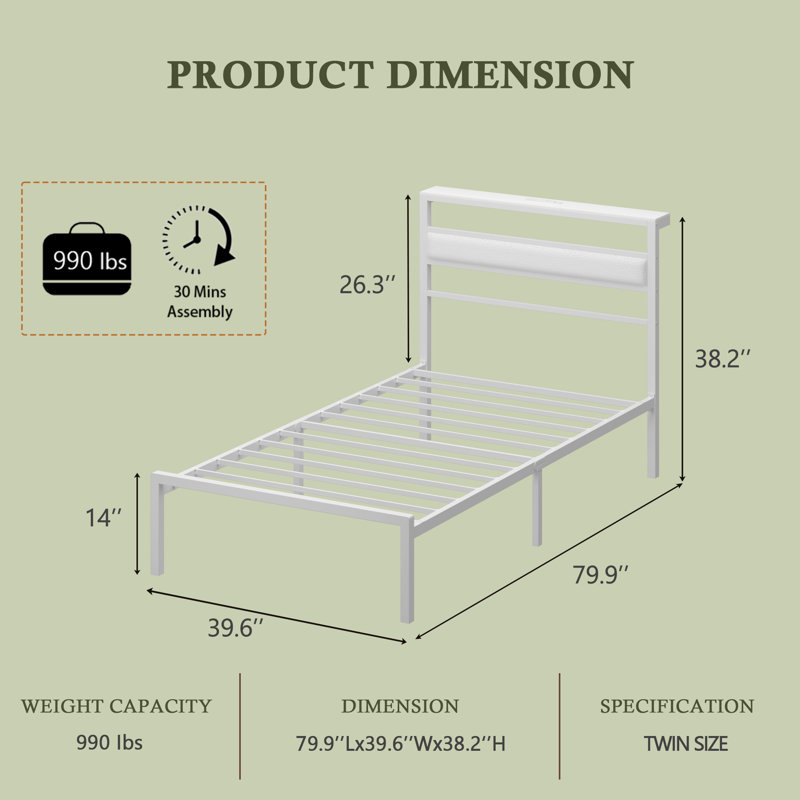 Twin Bed Frame with LED Light and Charging Station, Metal Frame with Upholstered Headboard, Large Storage Space, No Box Spring Needed