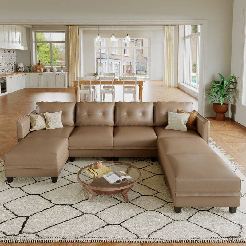 Canapé modulaire en U avec repose-pieds 7 pièces Zendajas, Similicuir brun