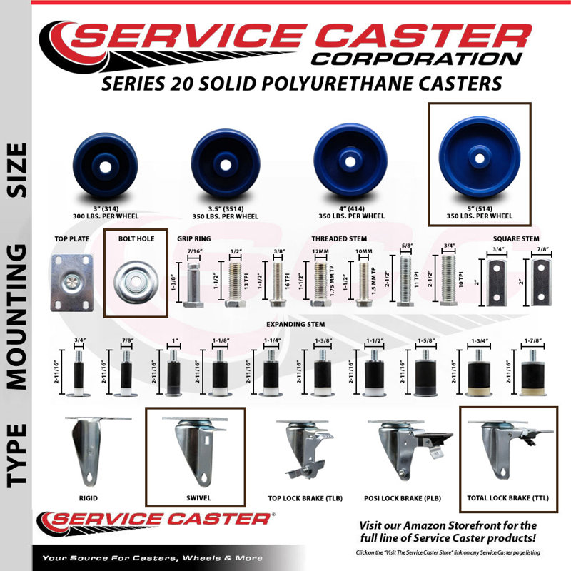 Solid Polyurethane Swivel Bolt Hole Caster Set with 2 Lock Brake, 5" H x 5" W