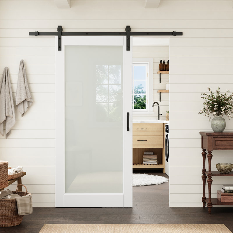Porte vitrée pleine hauteur 36 po x 80 po avec quincaillerie noire pour porte de grange, idéale pour un garde-manger ou une chambre.