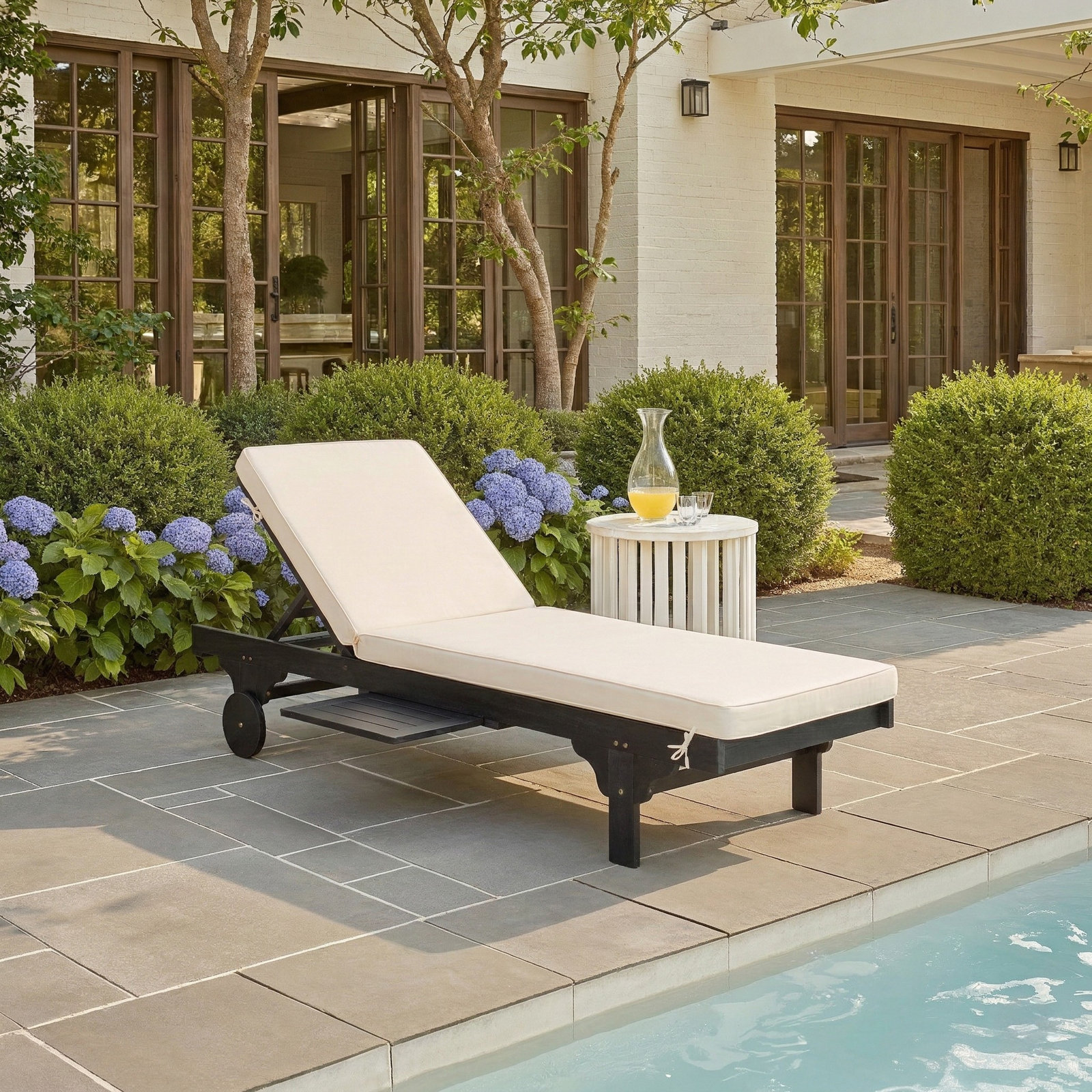 27.6'' Outdoor Eucalyptus Chaise Lounge, Black, Beige