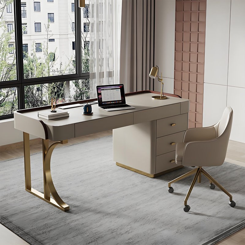 Wrought Studio™ Beige Modern Writing Desk With Storage Cabinets | Wayfair