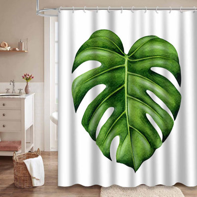 Rideau de douche vert à motif de feuilles tropicales avec 12 crochets Green Monstera