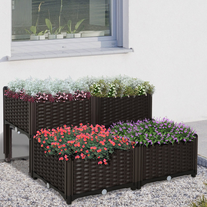 Lit de jardin surélevé en plastique 4 pièces avec pieds, jardinière à arrosage automatique pour légumes, fleurs, herbes, plantation Brown Gleam