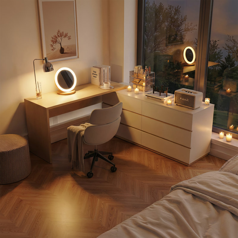 97.6’‘ Extendable Home Office Dresser Desk L-Shaped Computer Desk With Storage Drawers, Oak/Ivory