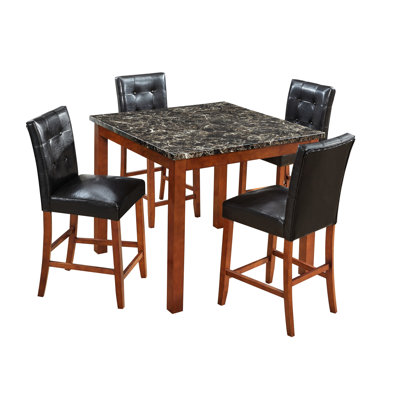 Table de salle à manger moderne à hauteur de comptoir de 5 pièces avec plateau carré en faux marbre et chaises rembourrées en cuir de style contemporain pour pub