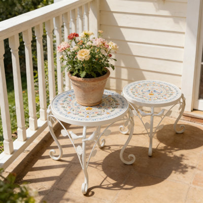 Plant Stand Set Of 2, Round Mosaic Plant Pot Stand Flower Holder for Patio Living Room Garden 