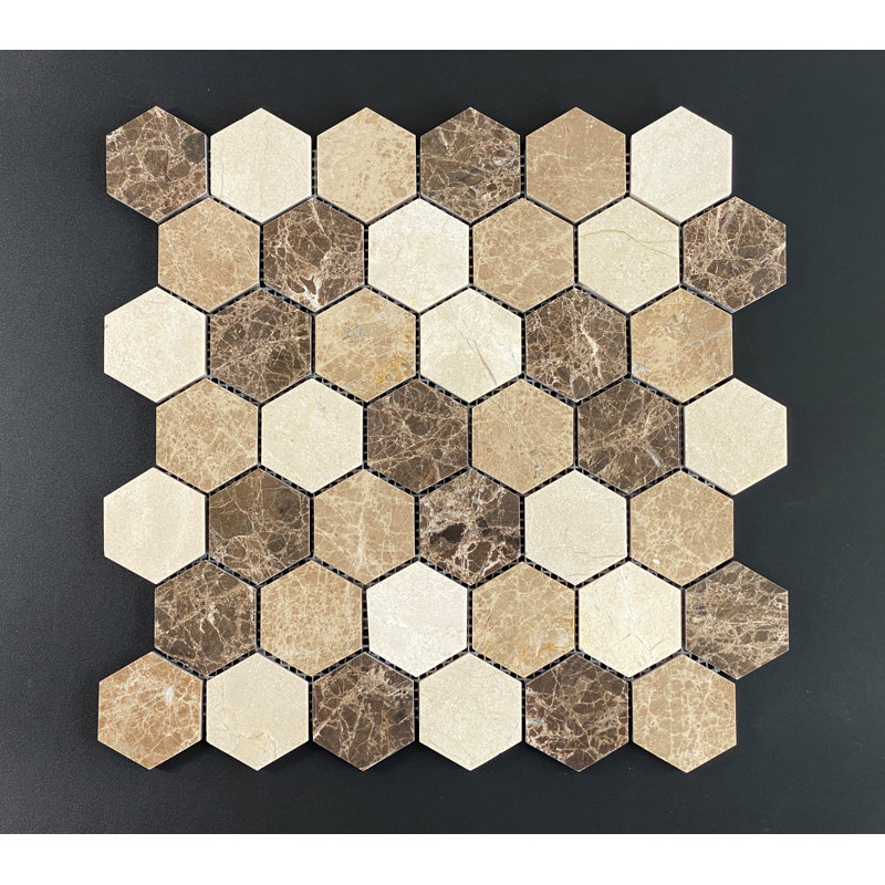 Honeycomb 2" x 2" Honeycomb Mosaic Wall & Floor Tile, Dark Emperador / Light Emperador / Cream Marfil