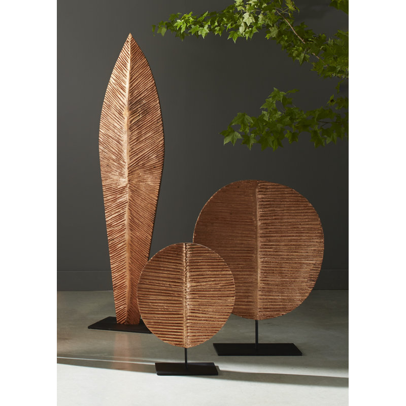 Carved Round Leaf on Stand Sculpture, 38" H x 10" W x 29" D