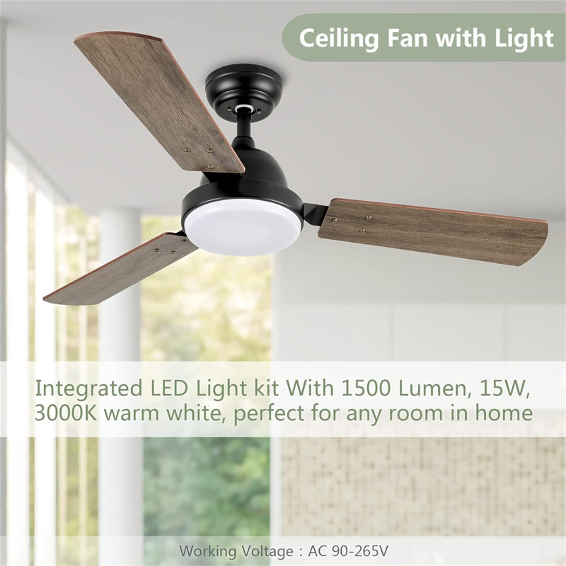 44-Inch Ceiling Fan With LED Light And Remote Control, 6-Speed Modes, 2 Rotating Modes, Timer