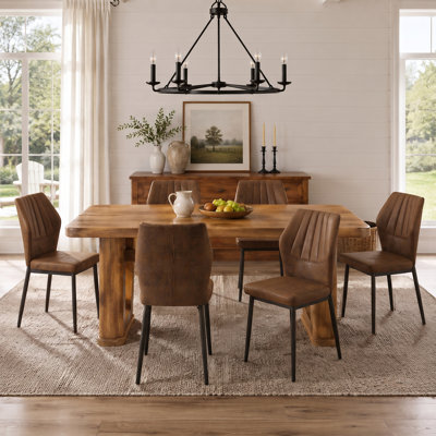 64.5" Dining Room Table Set for 6, Modern Farmhouse Wood Dining Table Set with Decorative Pedestal Legs & 6 Cushioned Chairs