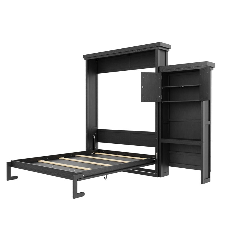 Lit escamotable avec plusieurs tablettes de rangement et décoration à persiennes