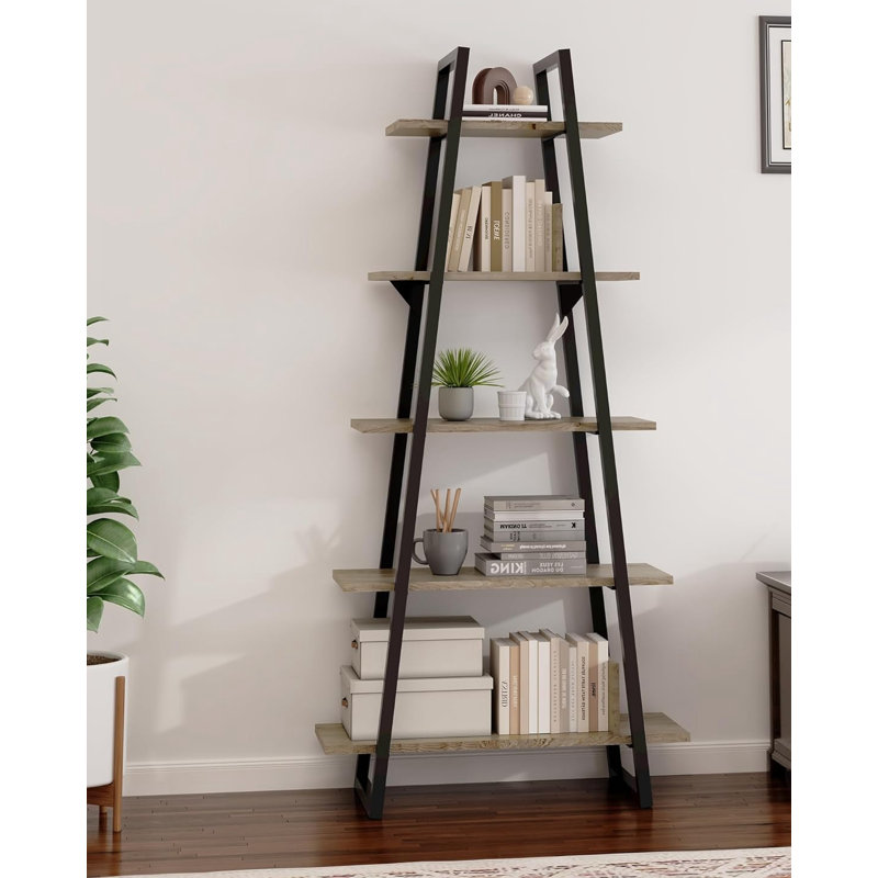 5-Tier Rustic Industrial Wood Bookshelf, Ladder Bookcase, Light Yellow