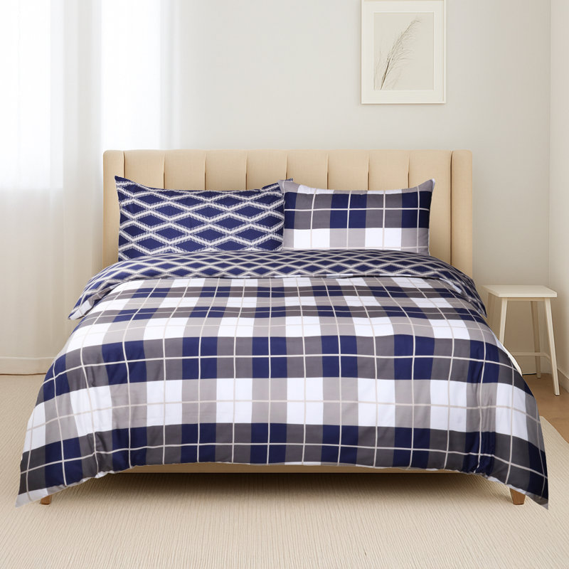 Soft Microfiber Printed Duvet Cover Set with Pillowcases, Navy Check, King Duvet Cover + 2 Standard Pillowcases