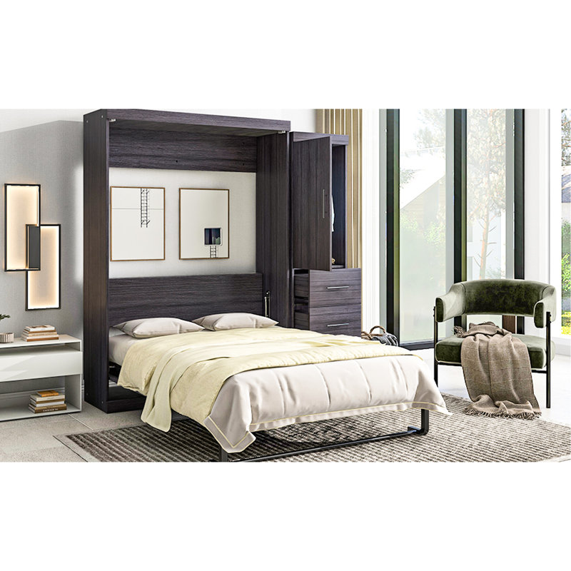 Lit pliant gris avec garde-robe et tiroirs, Lit double
