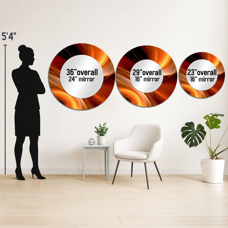 Orange Abstract Warm Fractal Design II - Fractals Mirror, Orange Round Decorative Wall Mirror, Printed Metal Art, 23" x 23"