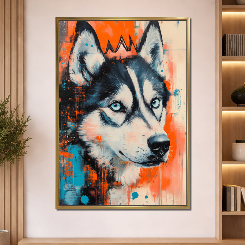 Décoration murale encadrée de style pop art animalier audacieux - Chien Husky, H 60 po x l 40 po, Cadre flottant doré