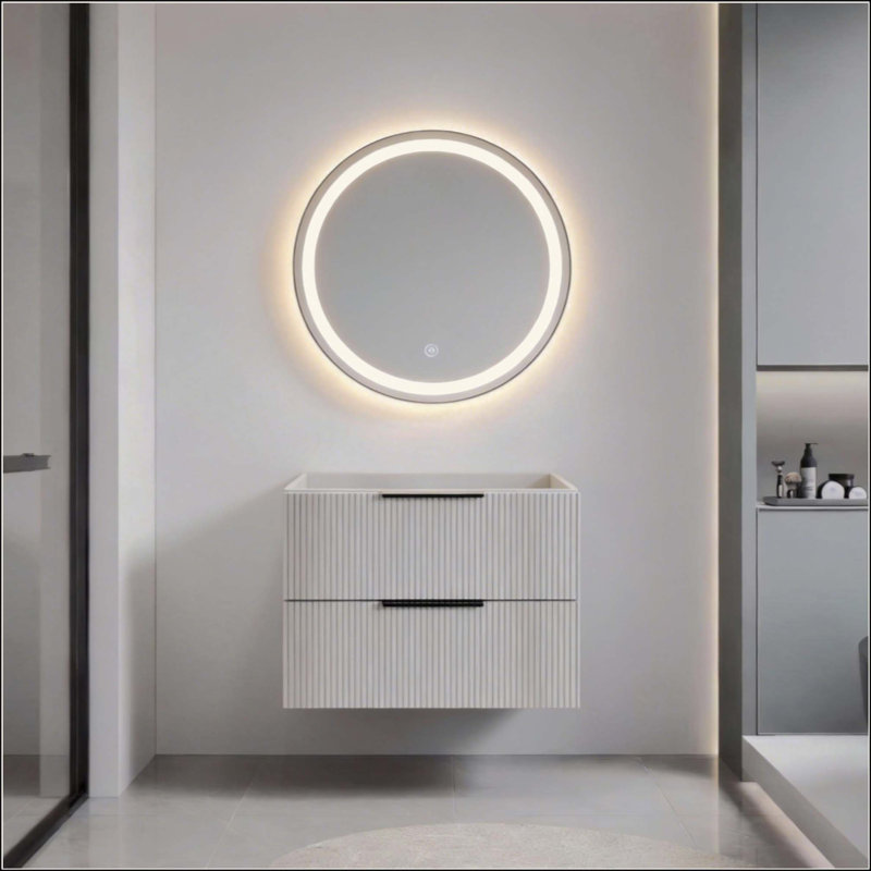 Meuble-lavabo de salle de bain avec lavabo en céramique - Meuble-lavabo mural flottant cannelé avec tiroirs, moderne, Grey