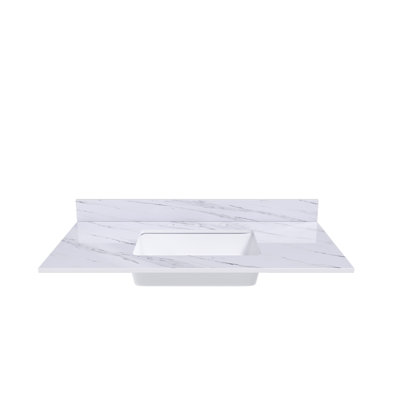 43 Inch Marble Vanity Top, White Vanity Top With 3 Pre-Drilled Faucet Holes, Bathroom Vanity Top With Undermount Rectangular Middle Sink And 4" Height Backsplash,  Bianco Carrara Venato, Bathroom Vanity