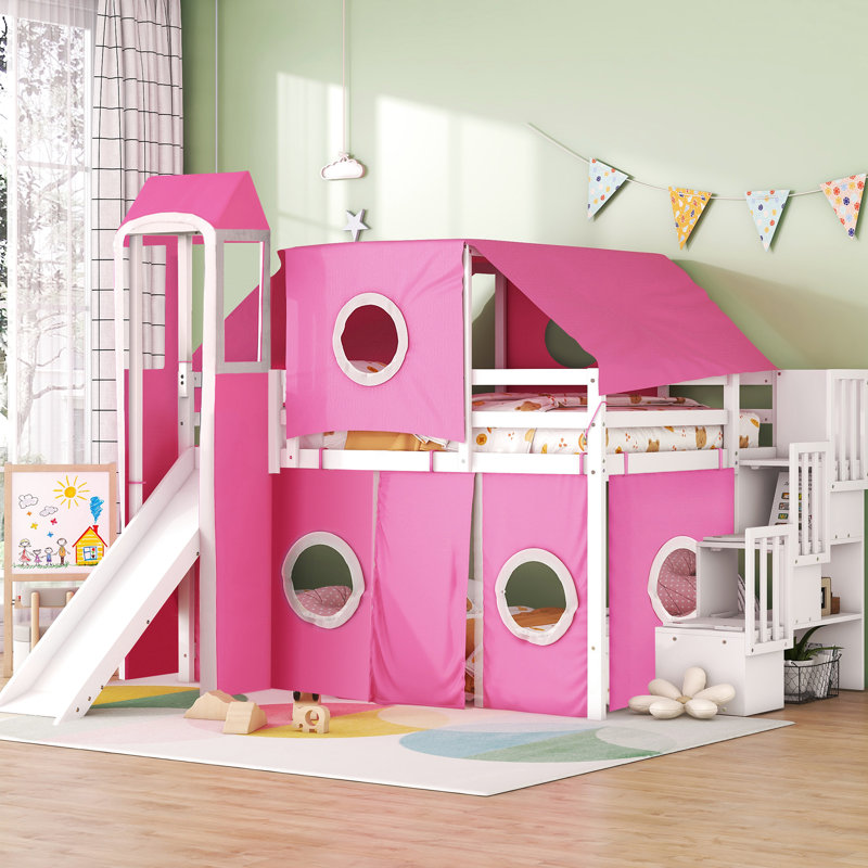 Lit mezzanine double avec tente et tour rose. Fabriqué en bois de pin massif. Fenêtre de conception inspirée d'une maisonnette. Vaste espace de rangement. L 94,6 po x l 99,5 po x H 78,9 po. Matelas non inclus. Assemblage
