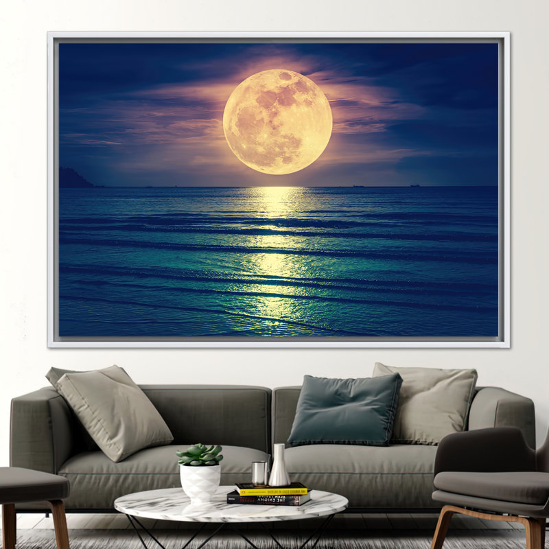 Sea Wall Art, Nature Landscape Canvas, Full Moon Landscape Art, Beach Landscape Printed, Huge Full Moon Poster, Contemporary Art Canvas,