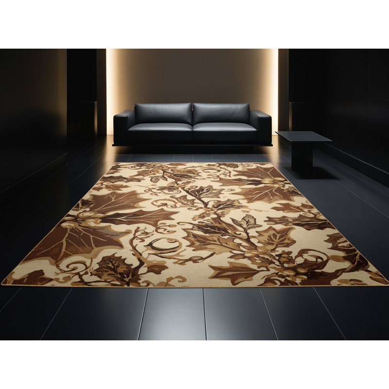 Machine Washable Orlandra Holly Classic Damask Rug in Brown – LightBrown Binding, 4' Round