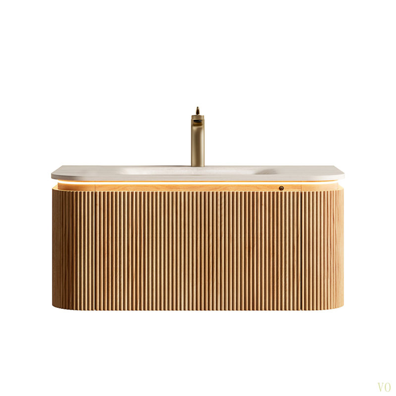 Meuble-lavabo de 36 po avec lavabo et lavabo 36 po, armoire rayée à bords arrondis avec tiroir, capteur de lumière, lavabo intégré en pierre frittée à motif de travertin intégré, pré-assemblé