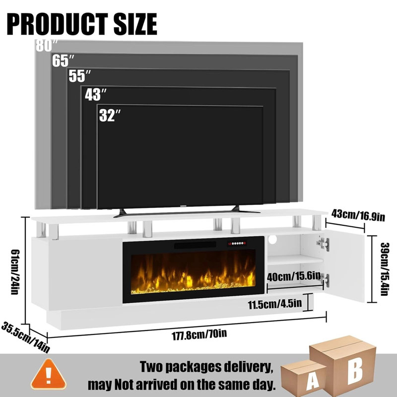 Alazik TV Stand with Electric Fireplace, White/Silver, Black, 24”H x 14”L x 70”W