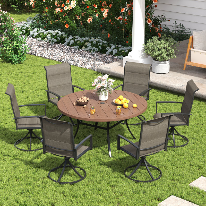 6 - Person Round Outdoor Dining Set With Swivel Chair, Brown/Black/Walnut