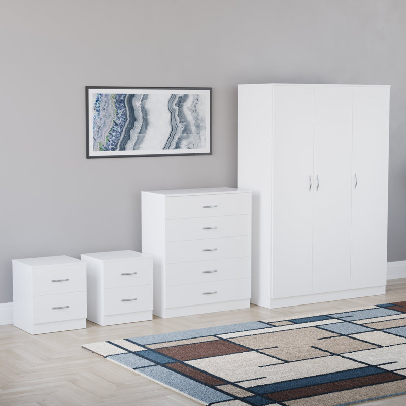 Tayce 4 Piece Bedroom Set (2 Drawer Bedside Chest X2, 5 Drawer Chest, 3 Door Wardrobe), White