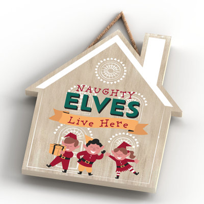 Cheeky Elves Christmas Wooden House Plaque Wall Décor