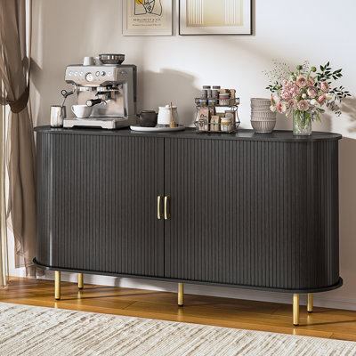  55" Wood Buffet Sideboard Cabinet with Storage, Mid-Century Modern Coffee Bar Cabinet with Sliding Doors & Shelves, Accent Credenza Console Table for Kitchen, Dining Room, Entryway