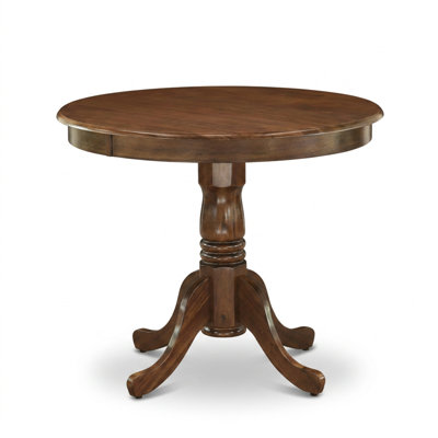 Ensemble de salle à manger rond 3 pièces avec chaises à dossier haut, en bois d'acacia beige brumeux noyer antique et tissu lin.