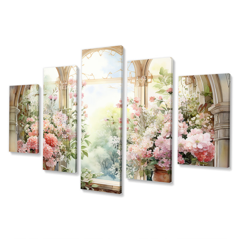 Pink Blossoming Country Window Gaze V - Window Multipanel Wall Art Set