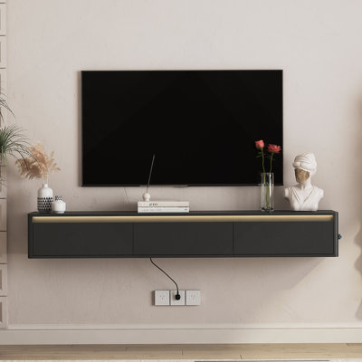 Floating TV Stand, Wall Mounted TV Shelf With Led Lights & Power Outlet,High Gloss TV Cabinet For Black Tv Stands For Living Room