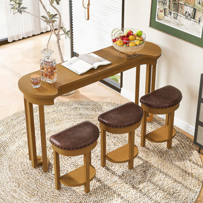 4 Piece Bar Table Set With3 PU Upholstered Bar Stools, Breakfast Table With 3 Padded Stools Solid Wood Counter Height Dining Table Set For Living Room, Dining Room. Natural