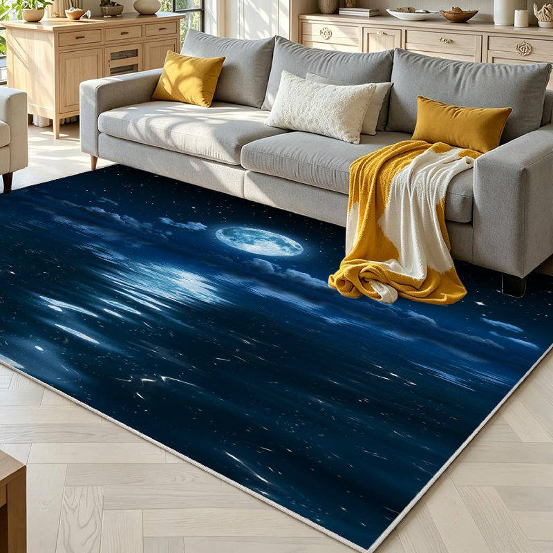 Tapis bleu lavable à la machine Super Moon, Rectangle 71" x 98"