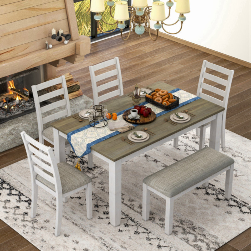 Rustic Style 6-Piece Dining Room Table Set, Gray, Whitewash/Gray