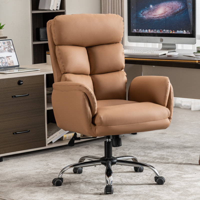 Ergonomic Faux Leather Tufted Executive Office Chair with Padded Armrest, Brown