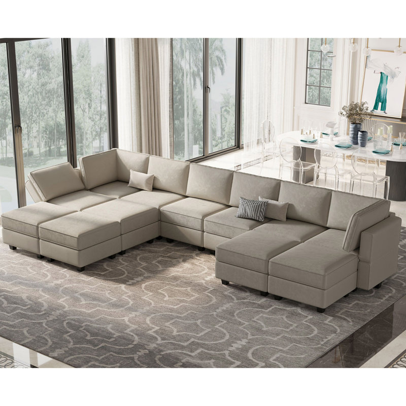 Canapé modulaire rembourré avec rangement en U de 143 po Wylodene, Velours gris velours