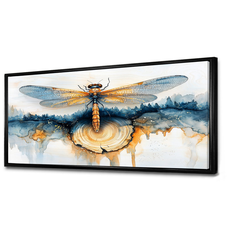 Art moderne libellule Serenade I - Libellule, H 28 po x l 60 po, Cadre flottant, Noir