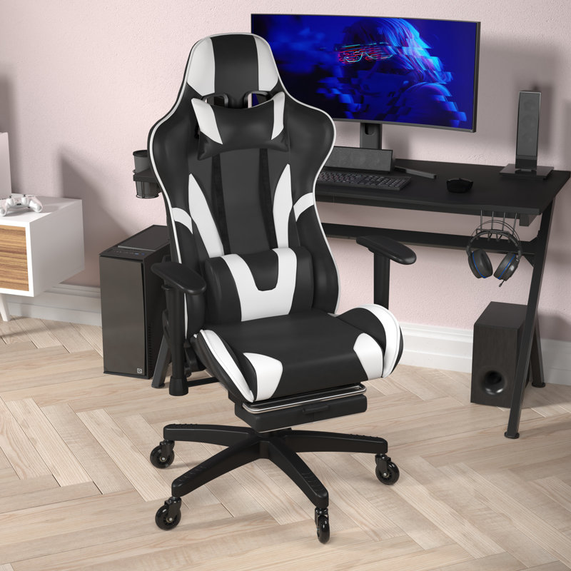 Fauteuil de jeu Kelig avec dossier inclinable, repose-pieds coulissant et roulettes transparentes, Blanc