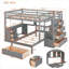 Structure de lit superposé double en bois massif avec bureau intégré, tiroirs et tablettes, gris doux