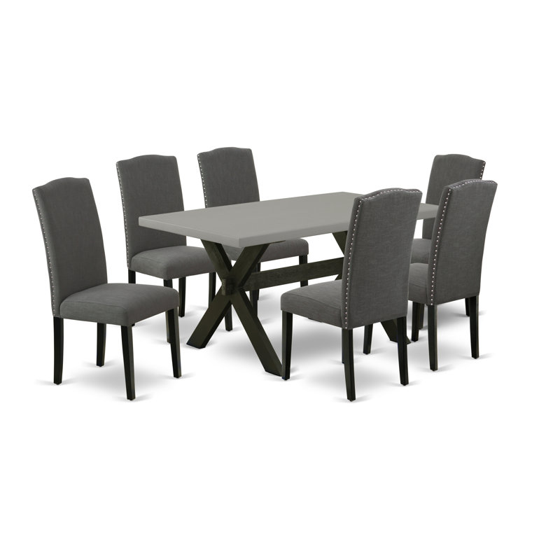 7 Piece Dining Room Table Set Consist of a Rectangle Kitchen Table with X-Legs and 6 Dark Gotham Linen Fabric Parson Dining Chairs, Wire brushed Black